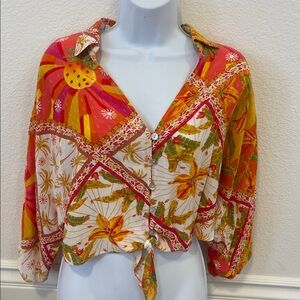Haute Hippie Multicolor Tropical Blouse Cropped V-Neck Half Sleeve Tie Front S